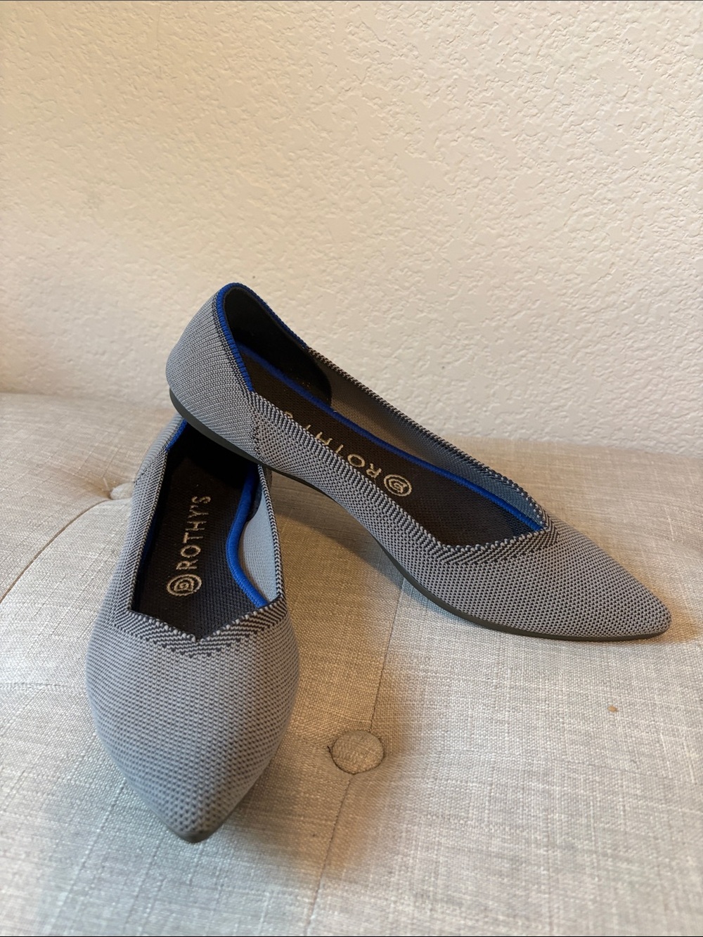 Rothy's Pointed Toe Flats in Cloud Gray with Blue Trim 9